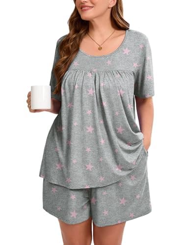 AusLook Women's Plus Size Pajama Sets Short Sleeve Top and Shorts Pink Stars 1X Casual Comfy Soft Ladies Short Pajamas Set Loungwear Sleepwear Pjs Set 2 Piece Lounge Set with Pockets - Image 1