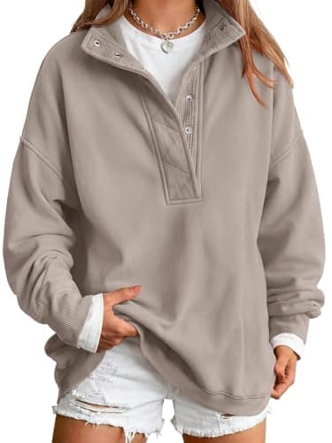 Trendy Queen Womens Oversized Sweatshirts with Snap Button Henley Collar CoffeeGrey M - Image 1