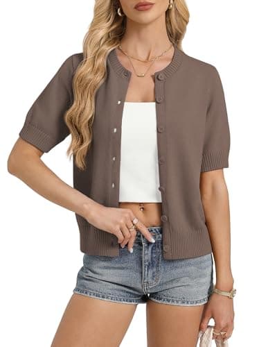 GRACE KARIN Womens Brown Short Sleeve Cardigan Plus Size Summer Lightweight Cardigans Basic Button Up Sweater(Brown,xx-Large) - Image 1