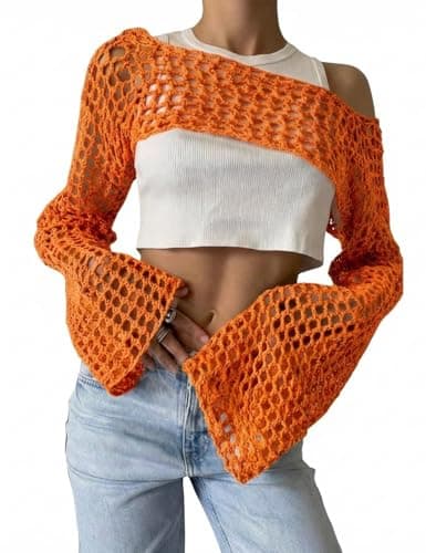 hathne Women Hollow Out Sweater Crop Flounce Off See Through Crochet Top Trumpet Long Sleeve Knit Top(Orange,S) - Image 1