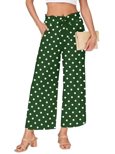 VUTRU Womens Wide Leg Pants Casual Summer High Elastic Waisted Flowy Travel Lounge Polka Dot Capri Vacations Outfits, Green2 XXL - Image 1