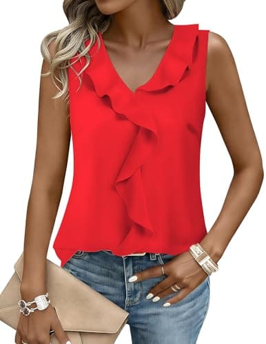 Aprolive Dressy Casual Blouses for Women V Neck Flowy Ruffle Sleeveless Top Summer Cute Ladies Tank Trendy Work Shirts(Red,Small)