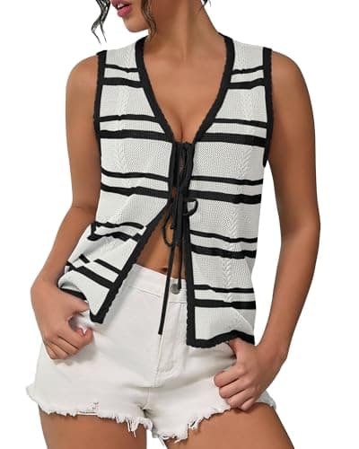 IEEILULU Women Sleeveless Knit Vest Striped V Neck Tie Front Sweater Vests Y2k Crochet Tank Tops for Going Out Beach Vacation (White Black Stripe, L) - Image 1