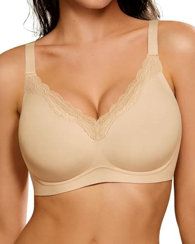 HORISUN Wireless No Underwire Bra for Women V-Neck Lace Trim Jelly Supportive Seamless Bra Comfortable Tshirt Bralette (Nude 36DD) - Image 1