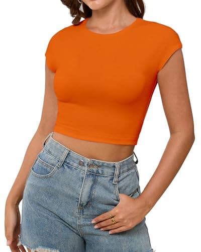 Abardsion Women's Cute Crop Tops Y2K Shirts Sexy Cap Sleeve Slim Fit Summer Clothes for Daily & Workout Orange Small