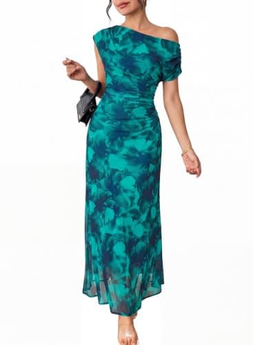 BLENCOT Women's Soft Stretchy Off Shoulder Maxi Dress Floral Print Ruched Waist Summer Party Beach Long Dresses Green 2XL - Image 1