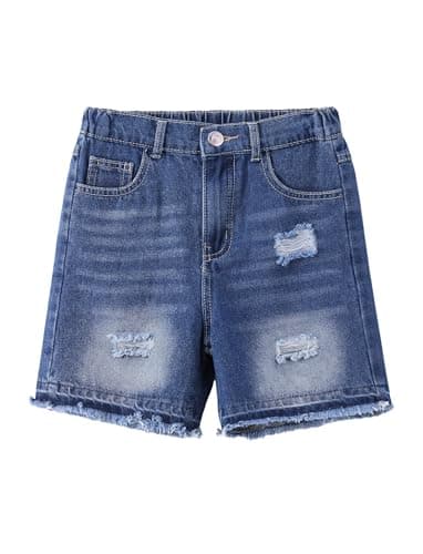 PATPAT Boys Denim Shorts Ripped Holes Soft Elastic Band Jeans Shorts with Pockets Casual Mid Elastic Waist Baggy Jorts Blue, 5-6Y - Image 1