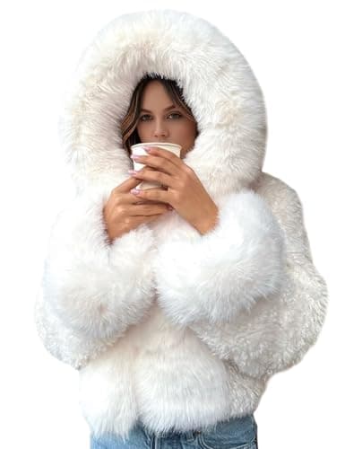 Wyeysyt Women's Faux Fur Coats with Hood Winter Warm Cropped Hoodie Jacket Long Sleeve Thick Short Outerwear with Pockets(Beige-XL) - Image 1