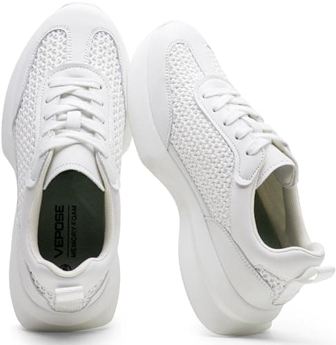 Vepose Women's White Lightweight Platform Sneakers Chunky Casual Tennis Shoes, Memory Foam Non Slip, Suede Raffia Lace Up, Everyday Walking Travel Office Size 7(CJY8216 White 07) - Image 1