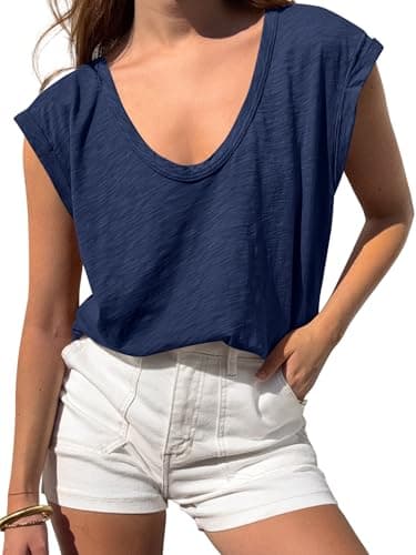 BTFBM Womens Tops Going Out Casual Oversized Summer Basic Tees 2026 V Neck T Shirts Trendy Blouse(Navy,Small) - Image 1