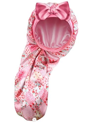 Vettres Extra Large Satin Bonnet for Braids & Locs, No Slip Tie Band Stays On All Night, Silky Sleep Cap Won’t Flatten Hair Pink Strawberry - Image 1