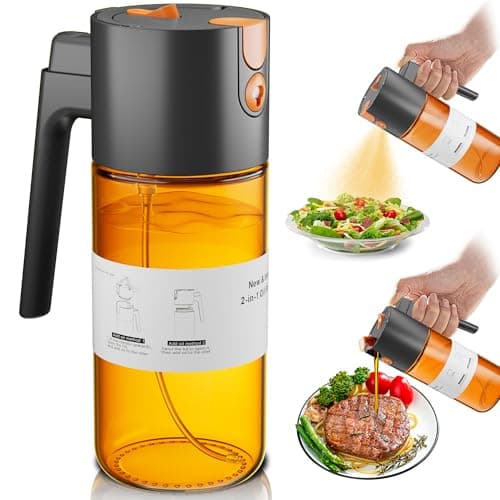 OURCABECUE Upgrade 2 in 1 Oil Sprayer for Cooking, 17oz Light-Blocking Glass Olive Oil Dispenser Bottle for Kitchen,Food-Grade Oil Mister with 8 Stickers for Salad, Frying(Amber Bottle-Black Gap)