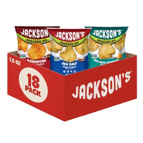 Jackson’s Classic Kettle Potato Chips (Variety Pack, 1.5 oz, Pack of 18) - Made with Premium Avocado Oil, Sea Salt, Salt & Vinegar and BBQ Flavors - Allergen-friendly, Gluten Free, Vegan - Image 1