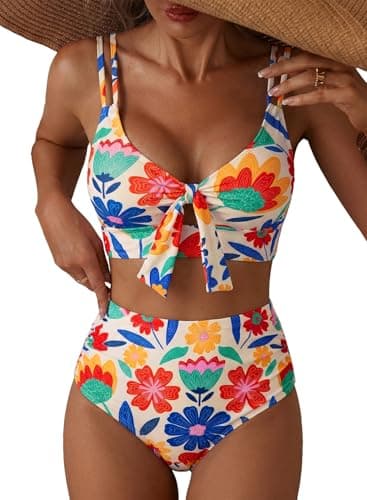 Herseas Bikini Sets for Women 2 Piece Swim Suits High Waisted Tummy Control Push Up Adjustable Straps Bathing Suit Cute Charming Beach Outfits Summer Multicolor Floral Large - Image 1