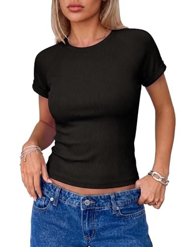 BTFBM Summer Tops for Women 2026 Crew Neck Rolled Sleeve T Shirts Knit Slim Basic Casual Spring Top Workout Y2k Clothes(Black, Small) - Image 1