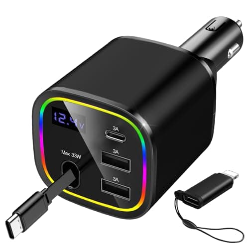 Car Charger USB C, 4in1 Car Phone Charger with USBC Retractable Cable for iPhone Android Fast Charge, AGEMANY 78W Cigarette Lighter Adapter with Voltage Display, 12V/24V Car Accessories Gift (Black) - Image 1