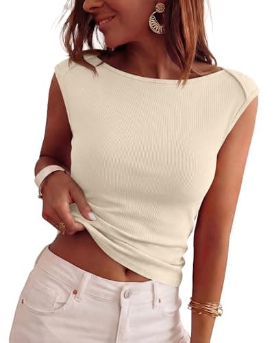 BTFBM Women's Ribbed Tank Tops 2026 Summer Cap Sleeve Boat Neck Slim Fitted Knit Basic Casual Tee Shirts Fashion Clothes(Beige, Large) - Image 1