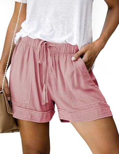 NILOINE Ladies Plus Size Drawstring Shorts Elastic Waist Summer Cotton Shorts Loose Fit Mid Waist Shorts Pants with Pocket(Pink,X-Large) - Image 1
