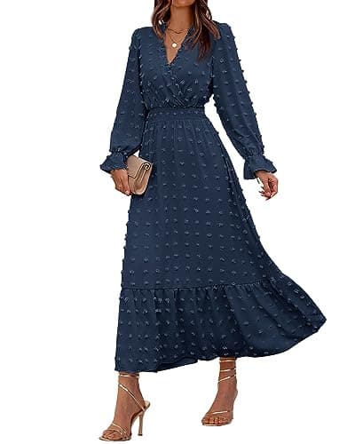 BTFBM Women Fall Maxi Dresses 2025 Long Sleeve V Neck Swiss Dots High Waisted A-Line Ruffle Boho Long Dress Vacation(Navy,Small) - Image 1