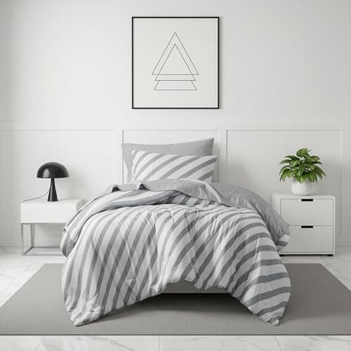 Reversible Striped Twin Comforter Set-Bed in A Bag 5-Pieces Bedding Set with Double-sided Stripes Design-Warm & Cozy Bed Set Includes Twin Size Comforter, Sheets Set, Pillowcase and Sham, Grey - Image 1