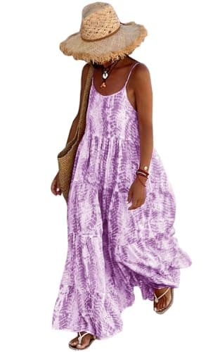 PRETTYGARDEN Women's Summer Casual Floral Printed Maxi Dress Bohemian Spaghetti Strap Flowy Long Dresses with Pockets (Light Purple, Medium) - Image 1