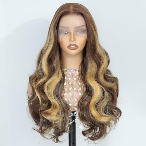 Barbique 26 Inch Highlight Synthetic Lace Front Wig for Black Women, 13x6 HDLace Pre Plucked with Baby Hair, Long Wavy Heat Resistant Hair, Natural LookGlueless Wig Suitable for Daily Party Wear - Image 1