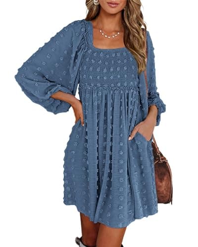 BTFBM Womens Long Sleeve Dress Summer Vacation Square Neck Smocked Floral Mini Boho Spring Wedding Guest Dresses 2026(Swiss Dot Grey Blue, Medium) - Image 1