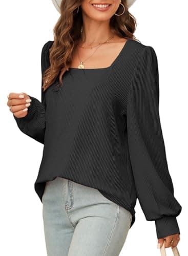 Dokotoo Women's Tops Cute Square Neck Ribbed Knitted Long Sleeve Solid Color Sweatshirt Fall Fashion 2026 Waffle Knit Shirt Tops Casual Striped Tunic Blouses Black Small - Image 1