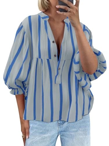Tankaneo Womens Puff Sleeve Babydoll Tops Summer V Neck Striped Blouse Cute Casual Loose Fit Flowy Shirts Grey - Image 1