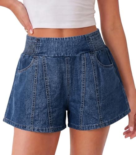 Cicy Bell Womens Summer Pull on Jean Shorts Casual Trendy Elastic High Waisted Denim Shorts Baggy Seam Jorts with Pockets - Image 1