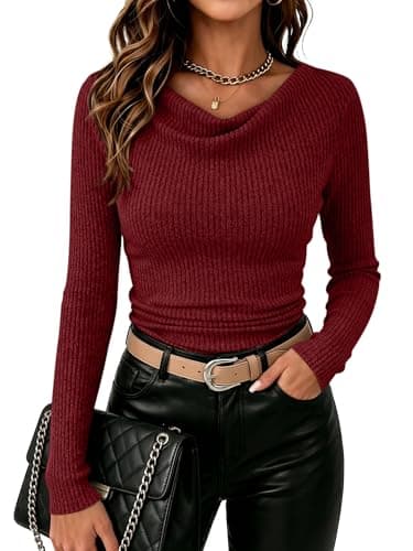 ANRABESS Womens Cowl Neck Long Sleeve Shirts,Soft Ribbed Knit Crop Tops with Side Ruched,Casual & Going Out Tshirts for Fall Red Small - Image 1