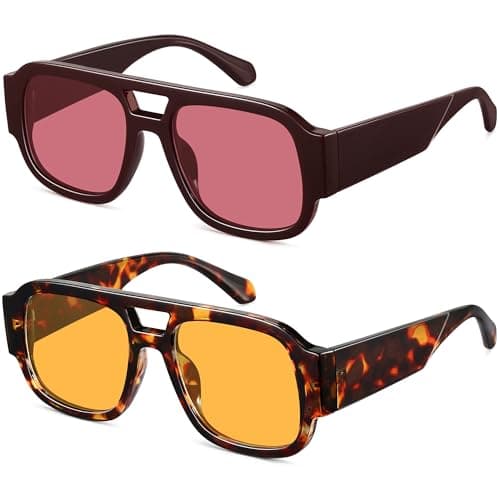 LOOMAKA Square Aviator Sunglasses for Women Men Retro 70s Chunky Double Bridge Glasses Trendy Flat Top Y2K Shades UV400 Protection for Driving & Festival Party - Image 1