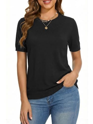 LaGracia Summer Sweaters for Women Short Sleeve Crewneck Cashmere Pullover Knit Sweater Trendy Outfits Black L - Image 1