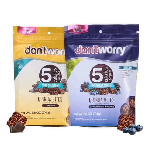 Don't Worry Quinoa Organic Bites | Chocolate & Blueberry Flavor | Sugar Free Candy 5 Calories Per Piece | Keto, Gluten Free, Low Carb, Protein & Fiber Cookies | Healthy Snacks For Adults | 2 Pack - Image 1