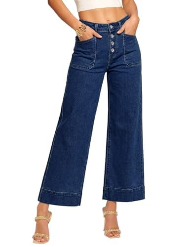 luvamia 26 Inseam Womens Cropped Jeans Wide Leg High Waisted Button Up Denim Pants Trendy Distressed Jeans for Women Darkness Blue Size Large US 12 to 14 - Image 1
