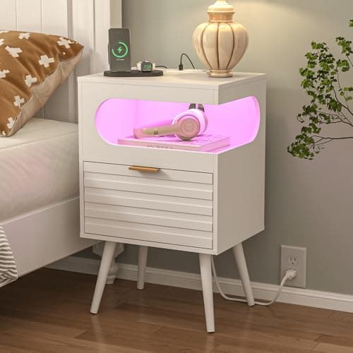 Veegle Nightstand with Charge Station,Modern Bedside Table with Storage Drawer and Open Wood Shelf, Accent Night Stand with Solid Wood Legs for Bedroom and Small Spaces (White) - Image 1