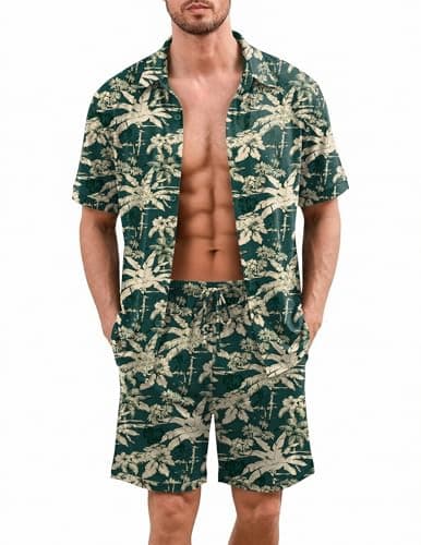 Ekouaer Men's Flower Hawaiian Sets Summer Beach Outfits Button Down Shirts and Shorts Soft Tropical Vacation Cruise Lounge Sets Coconut Tree & Blue Green XX-Large - Image 1
