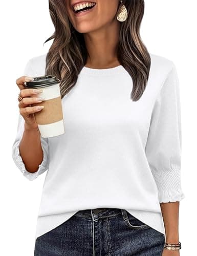 Totatuit 3/4 Length Sleeve Women Sweaters Dressy Crew Neck Fit Ribbed Knit Tops Bell Sleeve Holiday Wear White XX-Large - Image 1