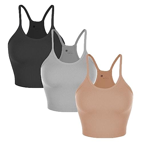 Nicytore 3-Pack Women's Seamless Crop Top Ribbed Camisole No Padding Racerback Tank Tops (Black/Gray/Brown, M)