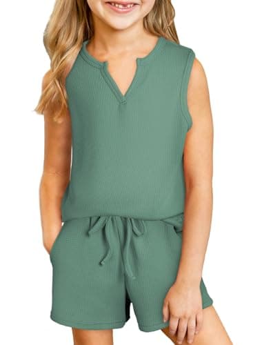 blibean Tween Girls Spring Clothes Sets Big Kids Sleeveless Outfits Teen Fashion Waffle 2 Piece Matching Clothing Hawaiian Dress Shirt Tops Shorts Holiday Rompers Size 12-13 Years Old Green - Image 1