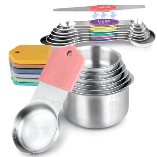Magnetic Measuring Cups & Spoons Set, Strong N45 Magnets, Heavy Duty Stainless Steel Fits in Spice Jars for Baking & Cooking, BPA Free, Round Set of 15 with Leveler, Light Colorful - Image 1
