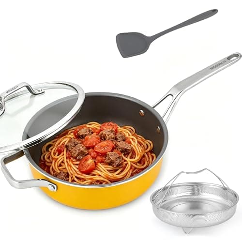 10-in-1 Yellow Ceramic Nonstick Deep Saute Pan Set With Steamer & Lid, 4QT - Image 1