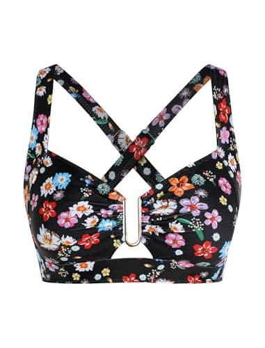 ZAFUL Push Up Swimsuit Tops U-Wired Cross Back Vintage Bikini Top Retro and Vintage Womens Bathing Suit Tops Only (Black Floral XS) - Image 1