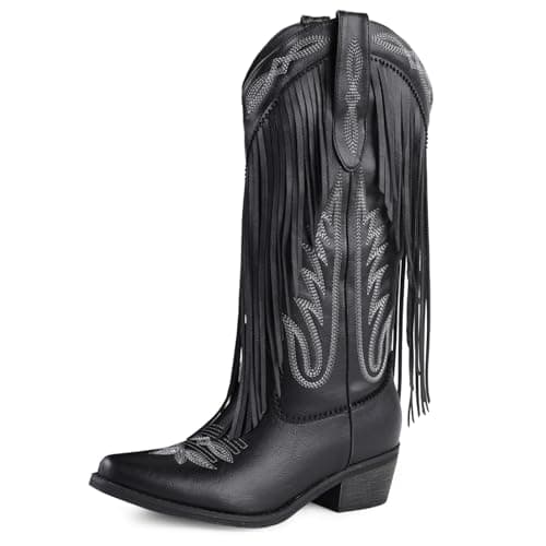 FancyQueen Cowboy Boots for Women Mid Calf Embroidered Cowgirl Boots Western Chunky Heel Pointed Toe country boots for women Pull On - Image 1
