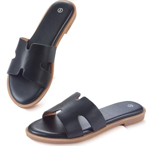 YTSKJ Womens Dressy Flat Sandals Round Open Toe Slides Casual Comfortable Cute Slip On Leather Shoes Summer Sandals for Women 2026 Black Size 10 - Image 1