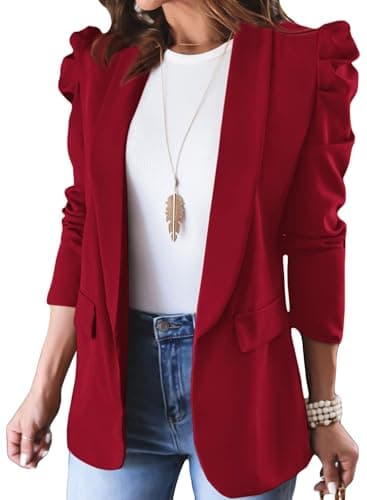 KIRUNDO Women's 2026 Spring Fall Casual Blazers Puff Sleeve Lapel Open Front Work Suit Office Blazer Jackets with Pockets(Red, XX-Large) - Image 1