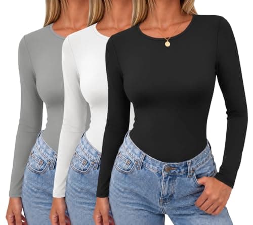 Ekouaer Long Sleeve Shirts for Women 3 Pack Scoop Neck Fitted Tops Thermal Undershirt Stretch Base Layer Soft Tee Light Grey/White/Black L - Image 1