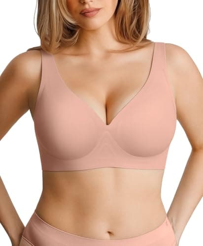 Wireless Bras with Support and Lift Seamless Womens Bras Comfortable Bra No Underwire Comfy Tshirt Deep V Push Up Bralettes Nude XXL - Image 1