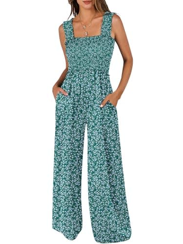 ANRABESS Jumpsuits for Women Casual, Smocked Sleeveless Wide Leg Comfy Rompers With Pockets, Summer Vacation & Dressy Wear Deep Green Floral S - Image 1