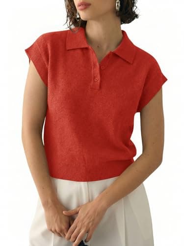 Saodimallsu Womens Cap Short Sleeve Sweater Top Summer Polo Shirts Button Collared Knit Business Casual Pullover Sweater - Image 1